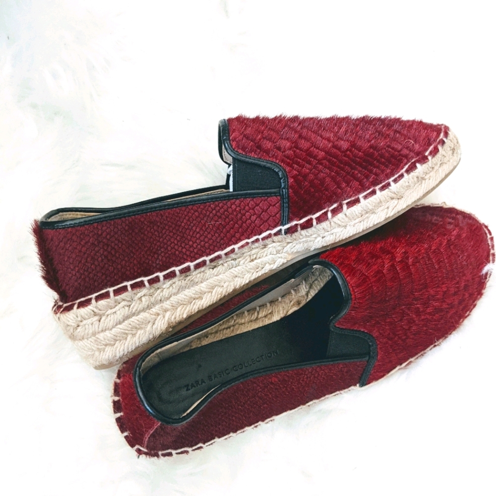ZARA Burgundy Ponyhair Espadrilles Sneaker Loafers 7.5 Pony Hair Calf Snake